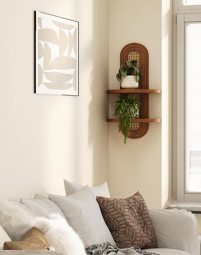 Floating Shelves for Wall,Boho Rattan Plant Shelf Wall Mounted,Mid Century Hanging Small Decorative Shelf,2 Tier Natural Wood Shelves for Living Room,Bedroom,Nursey Room,1-Pack (Walnut)
