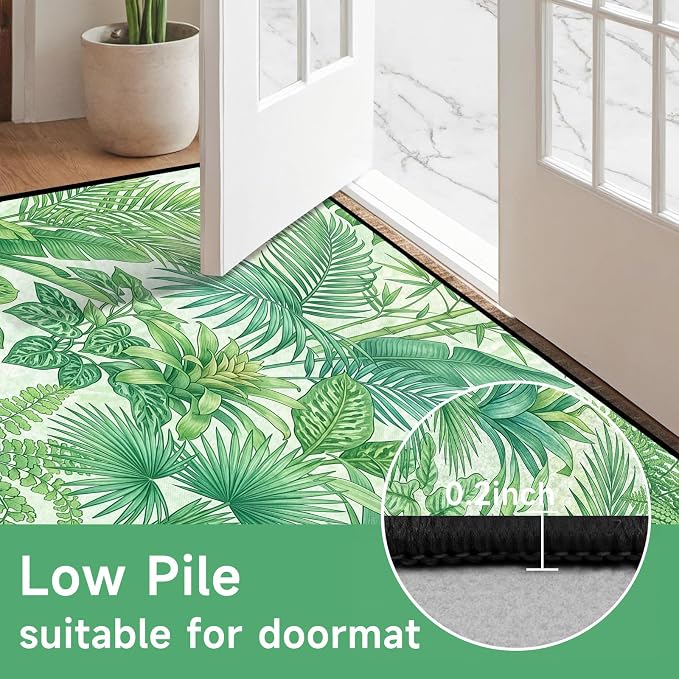 Tropical Leaves Area Rug 5'x7' Green Botanical Palm Fern Leaf Rug Non Slip Washable Indoor Floor Mat for Bedroom Living Room Nursery Kitchen Playroom Home Decor