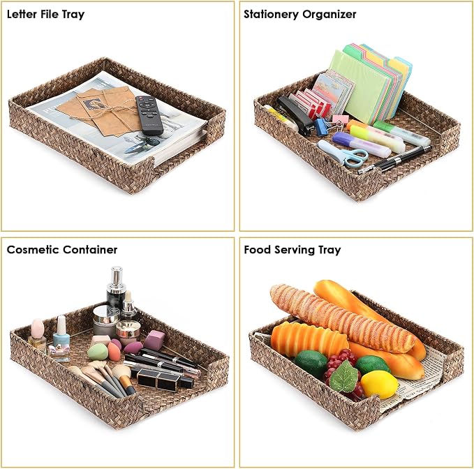 BTSKY Multipurpose A4 File Tray Natural Seagrass Desk Tray Organizer Woven Letter Size Desk Documents Trays Magazine Files Storage Basket Organizer Bin for Office Cosmetics Bathroom, Coffee