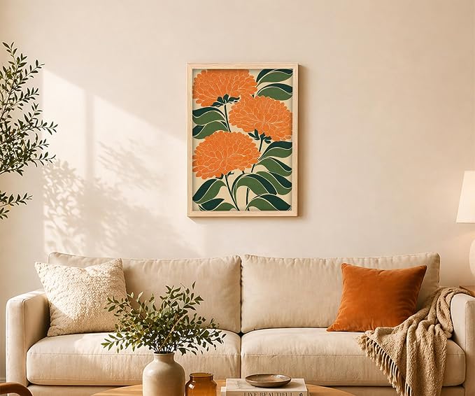 Colorful Art Deco Floral Framed Wall Art Abstract Maximalist Flower Poster Print with Solid Wood Frame, Mid Century Modern Boho Picture Painting Wall Decor for Living Room Bedroom 12x16 Inches
