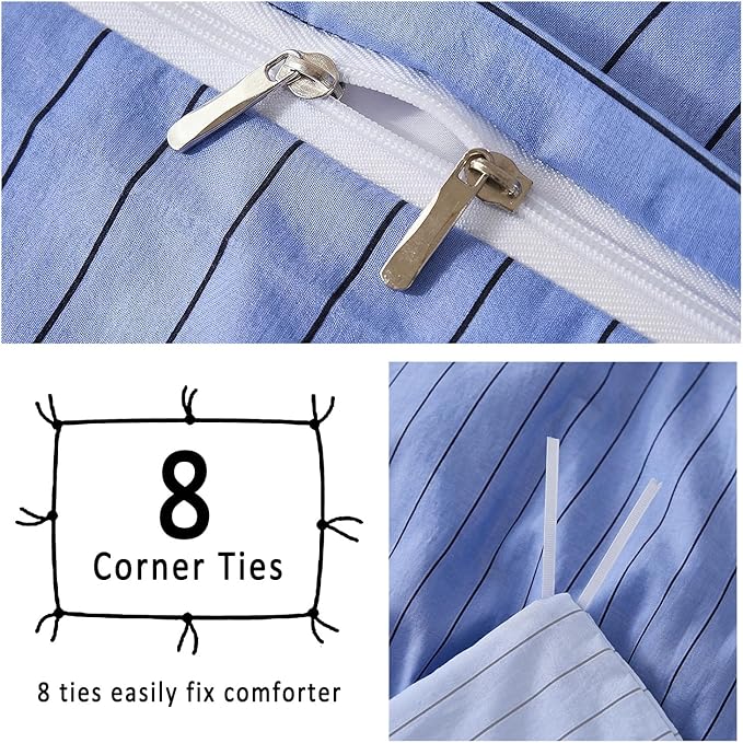 Merryword Blue Striped Duvet Cover Set Queen Size, 100% Cotton Denim Blue Bedding Set with Zipper Closure & 8 Corner Ties, Luxury Linen Like Bedding, Soft Breathable Comforter Cover for All Seasons