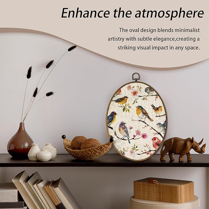 AEHIE Vintage Bird Oval Wall Art Decor, Rustic Floral Birds Canvas Artwork Framed, Cottagecore Country Bird Flower Oval Wall Art for Home Bedroom Living Room Decor, 11x8.5 Inches
