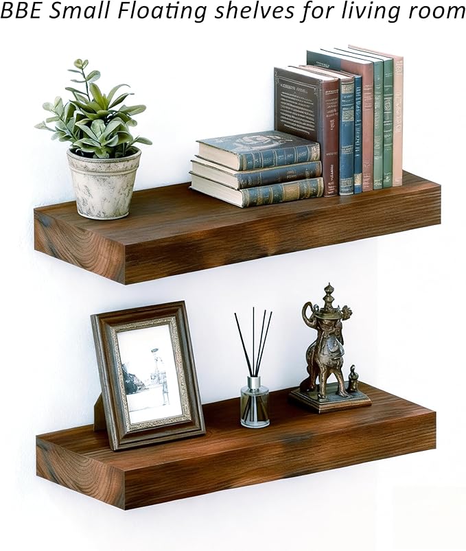 BEE Floating Shelves for Room Wall Rustic Walnut Wooden Bathroom Wall-Mounted Shelf Over Toilet Decor 16 Inch Storage Wood Shelves for Living Room, Bedroom, Kitchen Farmhouse 16D x 6.7W Set of 2
