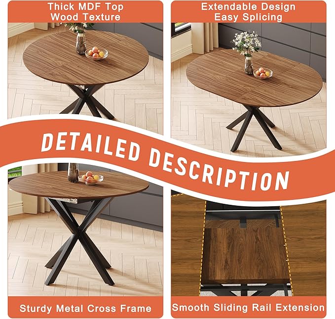 Round Dining Table Set for 6, 43-59" Extendable Dining Room Table Set, Walnut Wood Grain Table and 6 Brown Suede Upholstered Chairs Set, Mid Century Modern Kitchen Table Set with Cross Legs