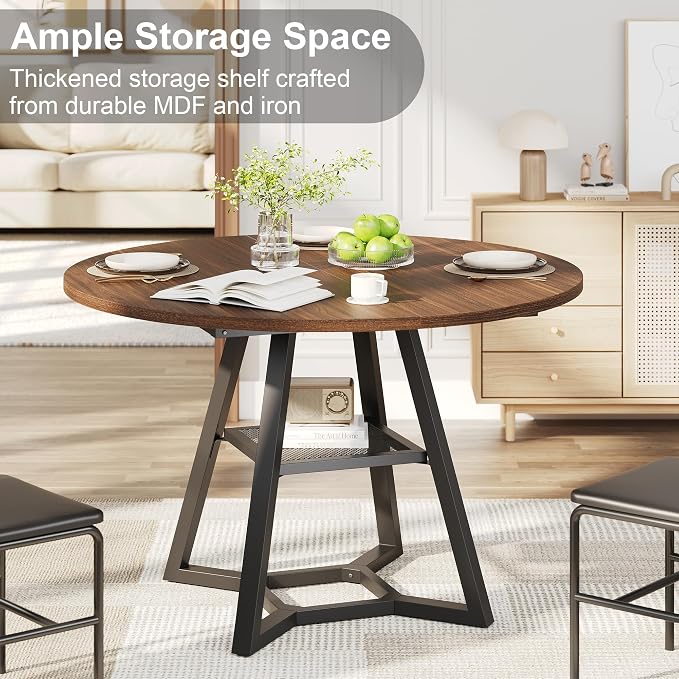 knoworld 43" Round Dining Table for 4, Kitchen Tables Dining Room Circle Dinner Table with Pedestal Metal Frame, Space Saving Wood Industrial Kitchen & Dining Room Tables, Walnut 43In