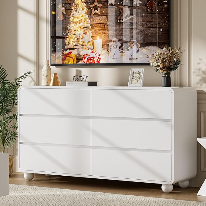 Lulive Wood Dresser for Bedroom, 53” Wide Chest of Drawers with 6 Drawers, Modern Closet Storage Drawer with Curved Profile Design for Living Room, Hallway, Entryway, White