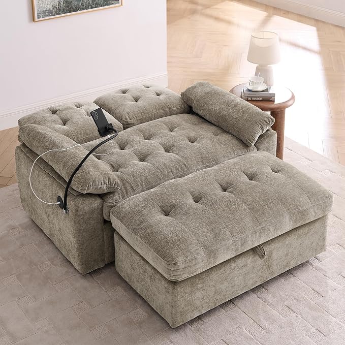 Oversized Chaise Lounge Chair Indoor, Double Convertible Recliner Reading Arm Sofa Chair W/Adjustable Backrest & Charging Port Couch Bed for Living Room, Home Theater & Bedroom, Brown