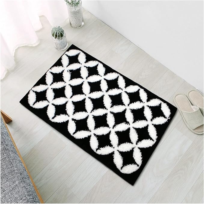Civkor Black and White Bathroom Rug Non Slip Washable, Tufted Bath Mat for Bathroom with TPR Backing, Quick Dry Fluffy Microfiber Piles, Super Water Absorbent Thin Bath Rug Fit Under Door, 24x16Inch