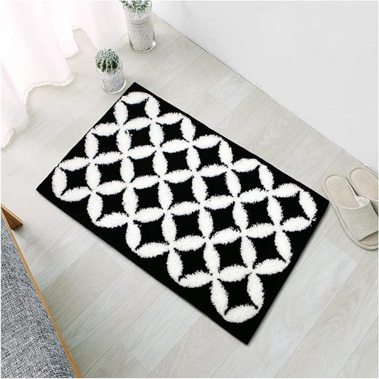 Civkor Black and White Bathroom Rug Non Slip Washable, Tufted Bath Mat for Bathroom with TPR Backing, Quick Dry Fluffy Microfiber Piles, Super Water Absorbent Thin Bath Rug Fit Under Door, 24x16Inch