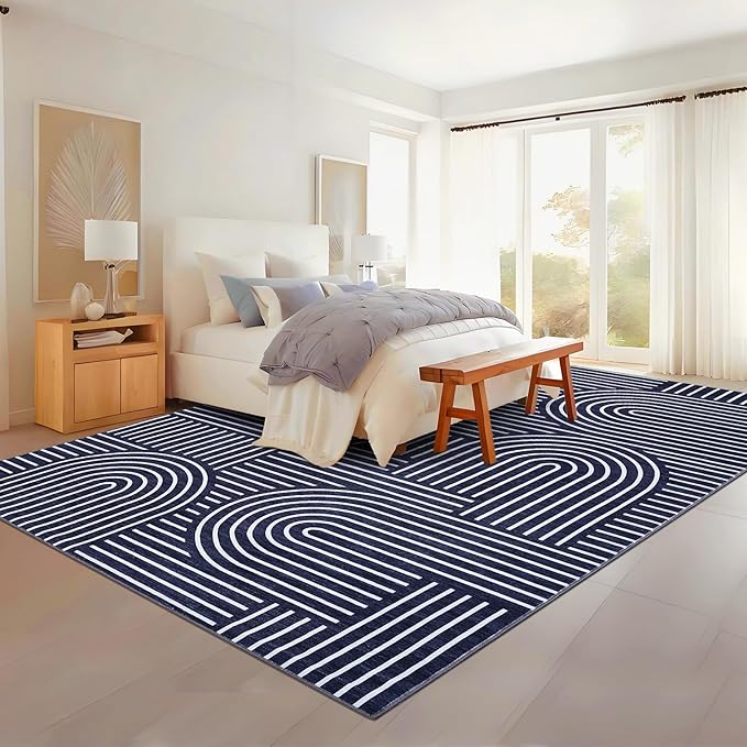 Washable Rug 9x12 Area Rugs for Living Room, Abstract Rug for Bedroom, Soft Rainbow Non Slip Throw Rugs with Rubber Back, Low Pile Stain Resistant Boho Geometric Carpet for Dining Room, Blue