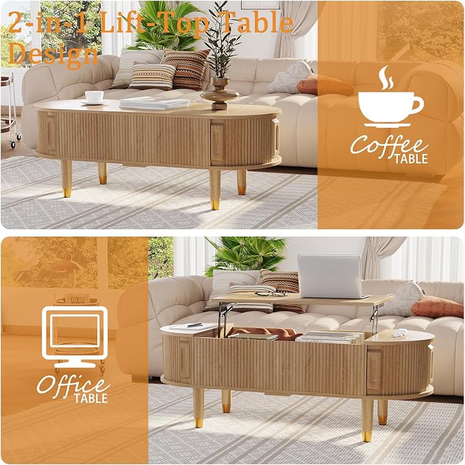 Oval Wood Coffee Table,Fluted Lift Top Coffee Table with Sliding Door and Solid Wood Legs,Suitable for Living Room,Home Office,and Apartment. (Lift Top Coffee Table-Oak)