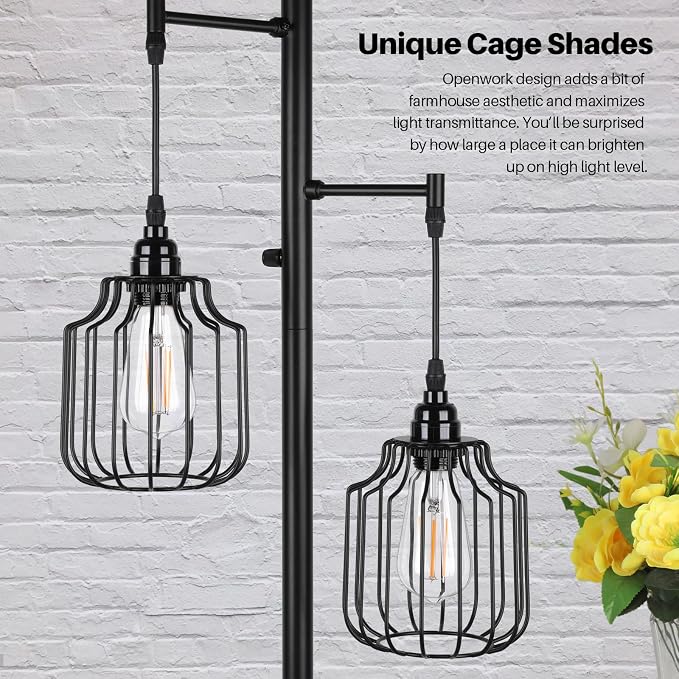 Dimmable Floor Lamp with 3 x 800LM LED Edison Bulbs,Tall Standing Lamp for Living Room,Farmhouse Black Corner Floor Lamp,Bright Industrial Rustic Vintage Tree Pole Light with Cage for Bedroom Office