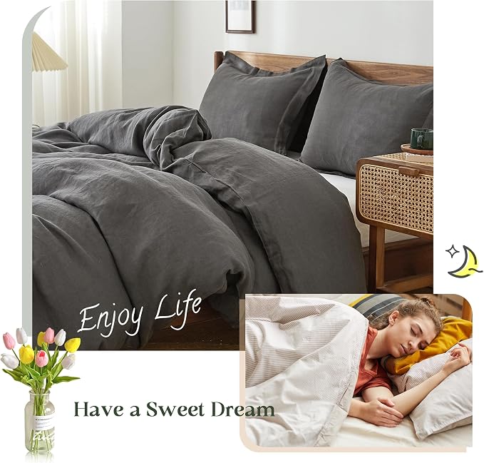 Simple&Opulence 100% Linen Duvet Cover Set, 3 PCS Natural French Flax Dark Grey Duvet Cover Full Size, Breathable Soft Comfy Linen Bedding Comforter Cover with 2 Pillowcases(Dark Grey, 78"x86")