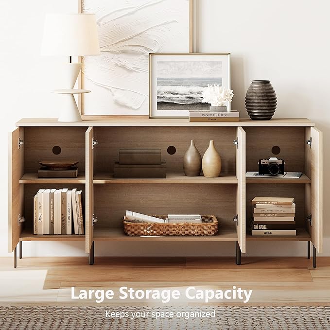 WAMPAT Fluted Buffet Cabinet with Storage, 61.5" Large Sideboard Cabinet with 4 Doors, Modern Buffet Table Coffee Bar Wine Bar Storage Organizer for Kitchen, Dining Room, Beige