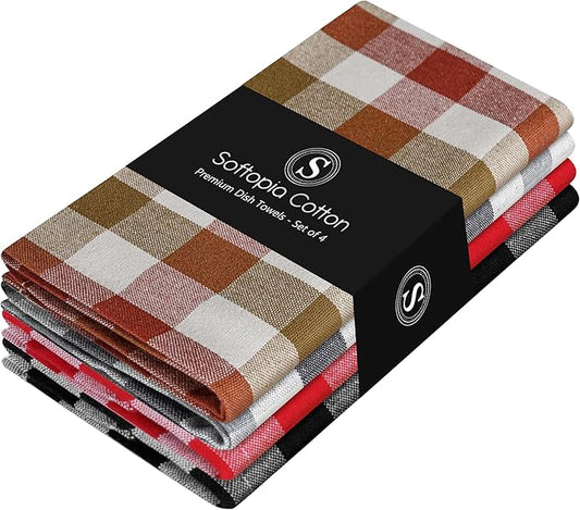 Multi Check Tea Towels 4 Pack Combo, 18"x26", Dish Towels for Kitchen Drying, Reusable Rags, Absorbent, Washable Cloths, Cleaning Towels for Dishes - Multi Pack