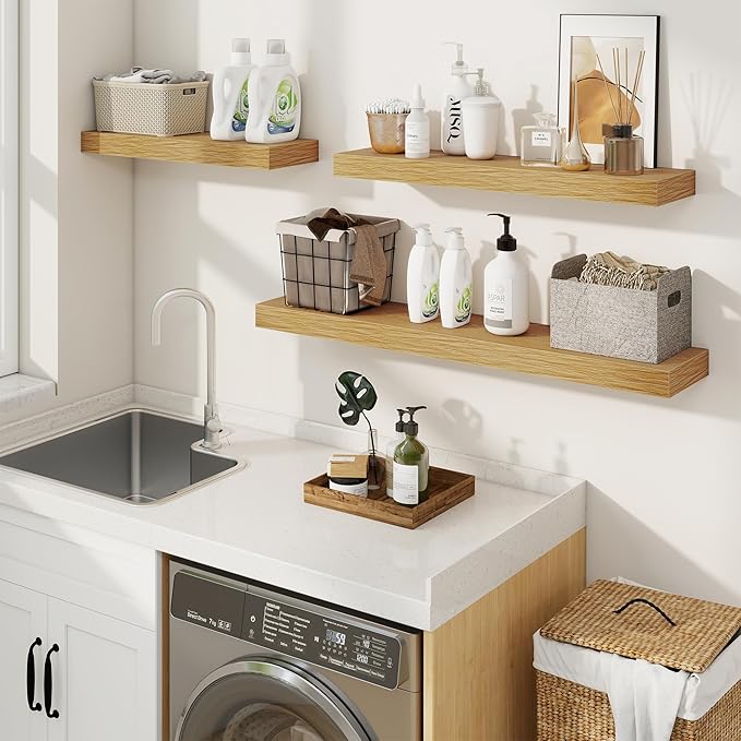 fuqing Floating Shelves for Wall, Wall Mounted Wood Floating Shelf with Invisible Brackets for Living Room, Bathroom, Bedroom, Kitchen Storage and Decor, 48 Inch Set of 2, Oak