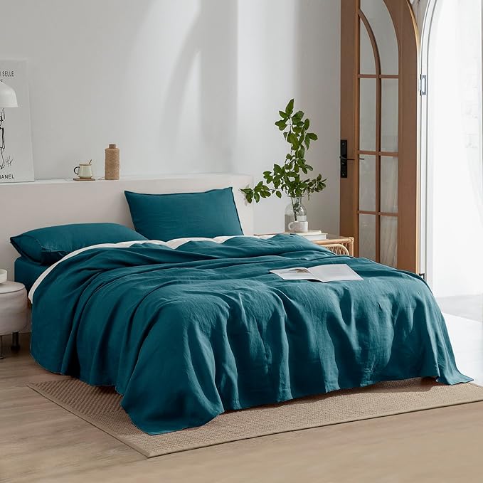 EVERLY Linen Sheets Set King Size,100% French Stonewash Pure Linen Sheets Set,4Pieces (1Flat Sheet,1Fitted Sheet,2Pillowcase) Suitable for Hot Sleepers,Deep Pocket Natural Bedding Set-Graphite Blue