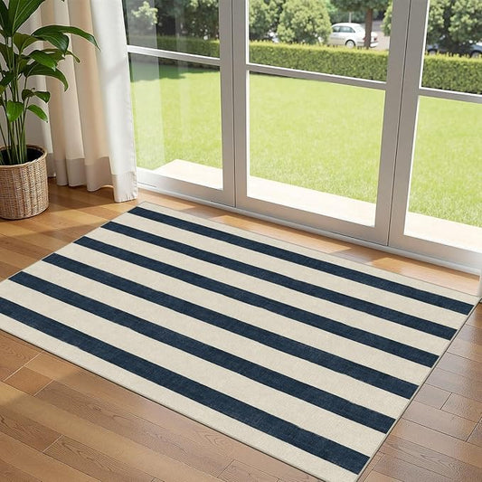 Blue and White Striped Entry Rug - 3x5 Ft Washable Indoor Outdoor Front Door Mat Outside Entrance Front Porch Mat Non-Slip Floor Carpet for Bedroom Entryway Kitchen Office Porch Decor