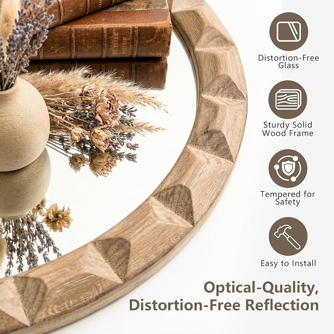 Solid Wood Wall Mirror, 24 Inch Round Hand-Carved Pine Wood Frame Circle for Wall Decor, Rustic Farmhouse Mirror for Bathroom, Living Room, Entryway, Natural Wood