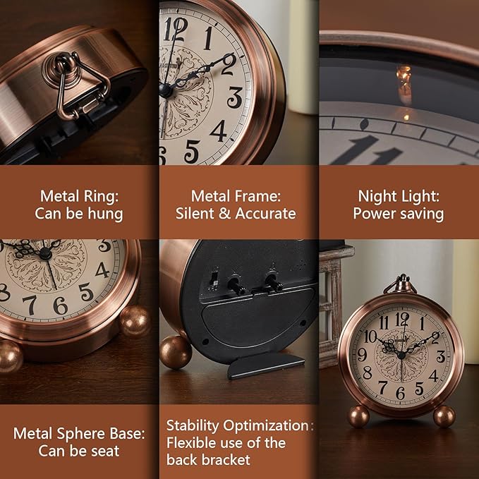 FLOITTUY 4.5" Battery Operated Antique Retro Analog Metal Alarm Clock, Silent Bedside Desk Clock, Wall-Hanging Vintage Clock(Vintage Bronze)