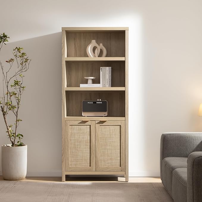 SICOTAS Bookcase 71" Tall Bookshelf 5 Tier Rattan Boho Bookcase with Doors Storage Large Book Case Shelf Farmhouse Bookshelves Library Book Shelves for Living Room Bedroom Home Office Kitchen