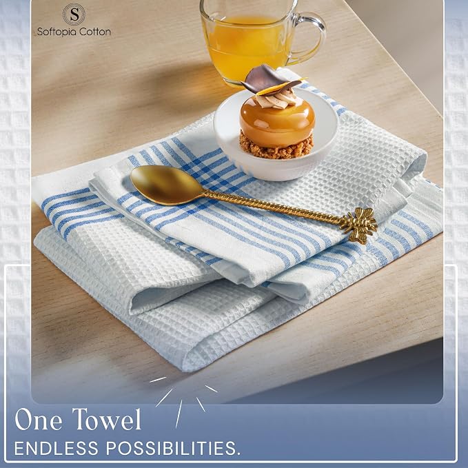 Waffle White & Sky Blue Kitchen Towels 12 Pack, 100% Cotton 16x26 inches, Quick Dry Bar Mop Towel, Super Absorbent Wash Cloths for Cleaning, Drying Dishes, Long Lasting Dishcloth