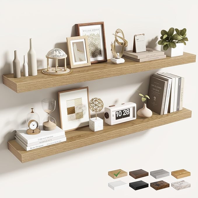 40 Inch Floating Shelves for Wall 2 Pack, 40" Wall Shelves for Books, Storage, Decor, Wall Mounted Floating Shelf with Invisible Brackets for Kitchen, Living Room, Oak