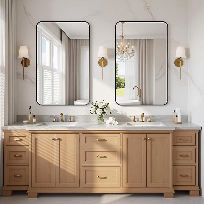 2-Pack Bathroom Mirrors for Over Sink 24" x 36", Black Metal Frame Rounded Corner Rectangle Wall Mirror, Modern Farmhouse Vanity Mirror(Horizontal/Vertical)