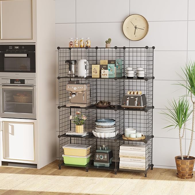 12-Cube Storage Organizer, Metal Wire Cube Shelving Unit, 11.8" L x 11.8" W x 11.8" H, Modular Grid Bookshelf for Closet, Bedroom, Office, Black ATTJL12B
