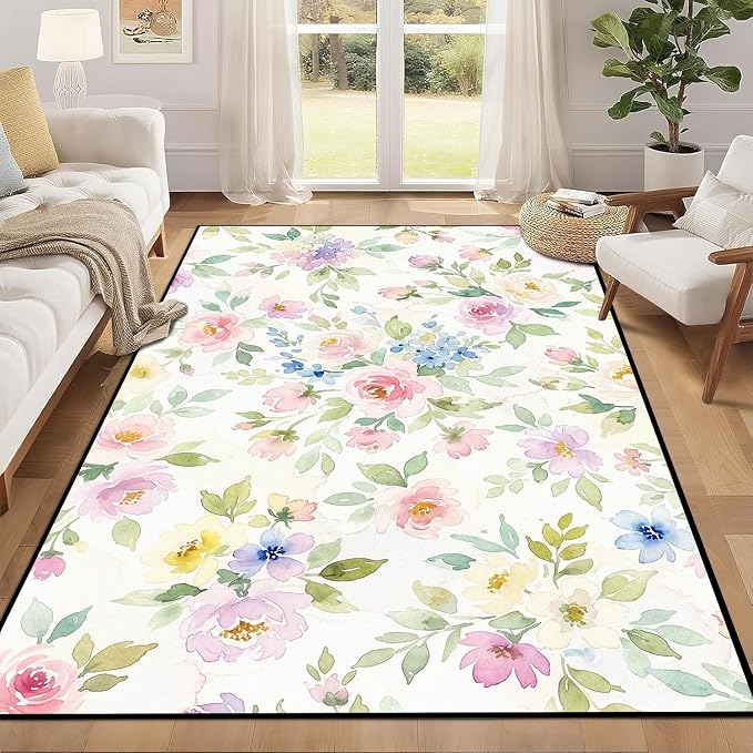 Watercolor Floral Rug 6'x9' Soft Pastel Botanical Area Rug for Entryway Bedroom Living Room Nursery Kitchen Playroom Home Decor Low Pile Non-Slip Washable Carpet