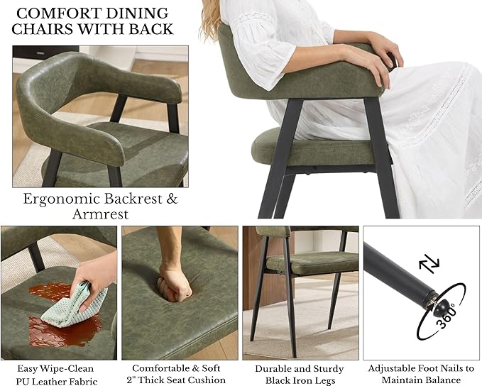 HNY Modern Dining Room Arm Chairs Set of 2, Green Retro Faux Leather Upholstered Barrel Dining Chairs with Arms Mid-Century Accent Chair with Metal Legs, Open-Back Kitchen Side Chairs for Living Room