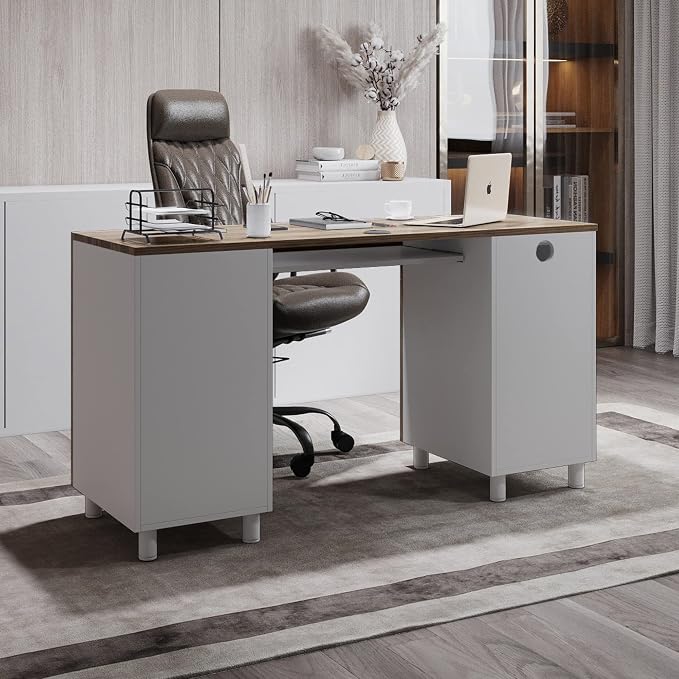 Modern Design Venice Computer Desk with Lockable Drawers, 53 Inch Home Office Desk with Storage Cabinet, Keyboard Tray & Cable Management, Modern Study Writing Desk for Small Spaces, Walnut and White