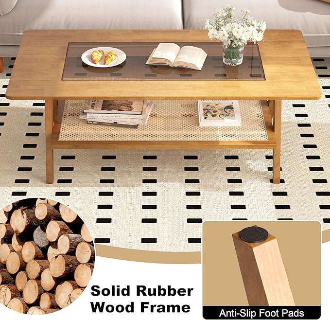 Mid Century Modern Coffee Table with Glass Top and Rattan Storage Shelf, Rectangular Natural Wooden Coffee Table, Unique Center Tables for Living Room Apartment Home, 47.2 Inch