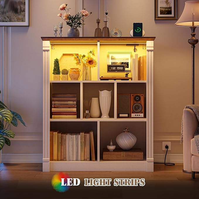 EnHomee 7 Cube Storage Organizer, Small Bookshelf with LED Light and Charging Station, Wood Book Shelf, Farmhouse Bookshelf for Living Room, Bedroom, Home Office,White