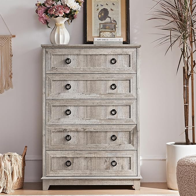 Farmhouse 5 Drawer Dresser for Bedroom, 42" Tall Small Dressers & Chest of Drawers, Rustic Wood Dresser with Metal Handle, Storage Organizer Closet for Living Room, Hallway, Entryway