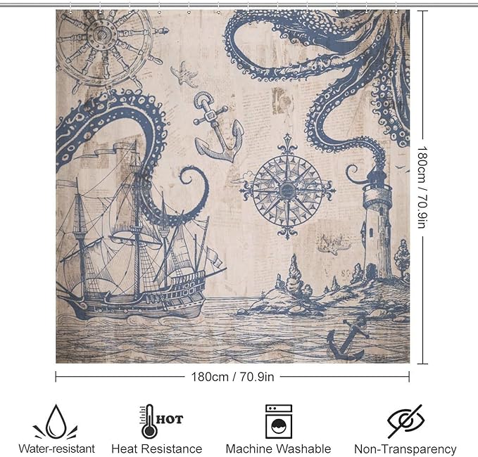 Ocean Nautical Shower Curtains,Sailboat Compass Hand Painted Navigation Vintage Nautical Elements Waterproof Shower Curtains for Bathroom Decor 12 Pack Hooks 72x72in (183x183cm)