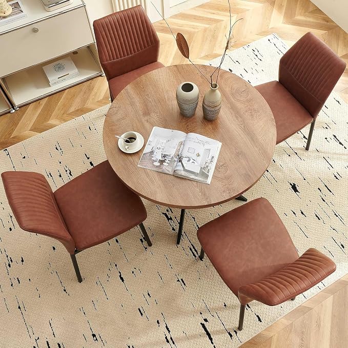 37" Round Dining Table Set for 4, Mid Century Modern Small Coffee Set for Dining Room Kitchen Apartment (Walnut Table + 4 PU Leather Brown Chairs)