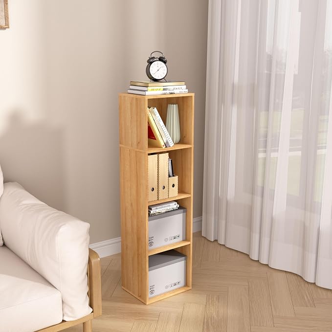 4-Tier Wooden Cube Storage Organizer, 42 Inch Tall Bookcase & Display Shelf with 4 Open Cubes, Freestanding DIY Closet Shelving Unit for Living Room Bedroom Office (Oak, 4 Cube-W(11.8inch)