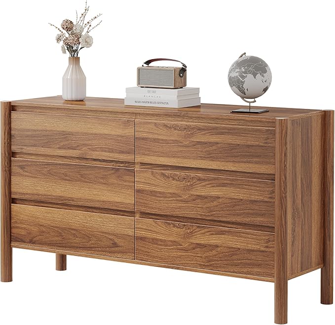 CHUWELL 6 Drawer Walnut Dresser for Bedroom, 47" Wide Mid Century Chest of Drawers with 6 Large Storage Space and 4 Solid Wood Cylindrical Legs, Large Dresser for Bedroom(Walnut)
