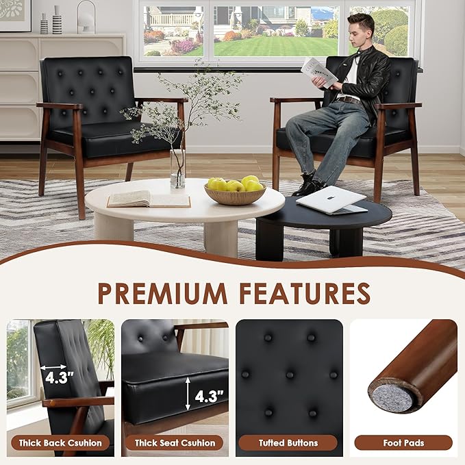 JIASTING Mid-Century Retro Modern Solid Wood Armrest Accent Chair, Faux Leather Tufted Back Upholstered Lounge Chairs, Living Room Furniture (Black 8325)