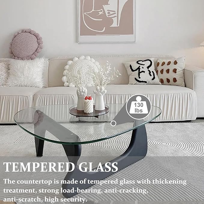 Mid-Century Modern Coffee Table,Tempered Glass Top & Natural Wood Base Triangle Coffee Table for Living Room,Small Space,Office Abstract End Tables (Black/Brown, Medium 35.8 * 25.5 * 16in)