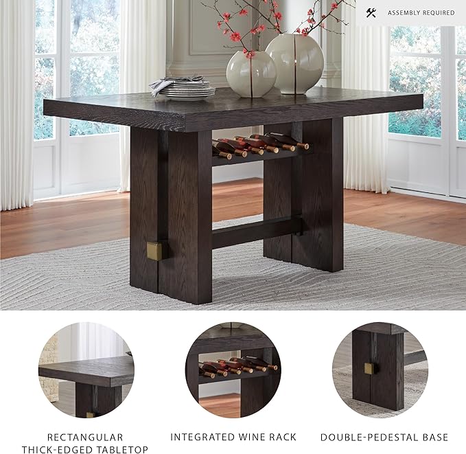 Signature Design by Ashley Burkhaus Contemporary Counter Height Dining Table with Double-Pedestal Base and Wine Rack, Dark Brown