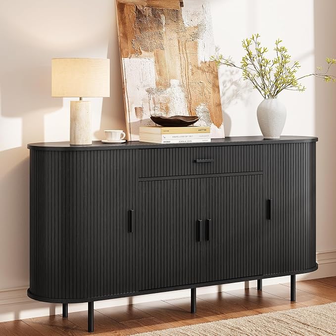 ONBRILL 63“ Sideboard Buffet Cabinet with Storage, Sideboard with 1 Drawer & 2 Door Shelves, Mid-Century Modern Kitchen Cabinets with Sliding Door, Coffee Bar Cabinet for Kitchen, Living Room, Black