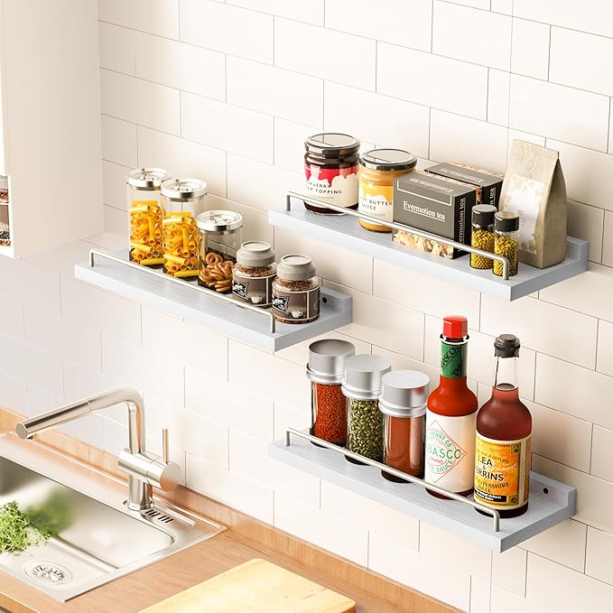 Floating Shelves for Wall Decor, White and Grey Shelves for Bathroom, Living Room, Bedroom, Picture Frames, Plants, Kitchen (Set of 3)