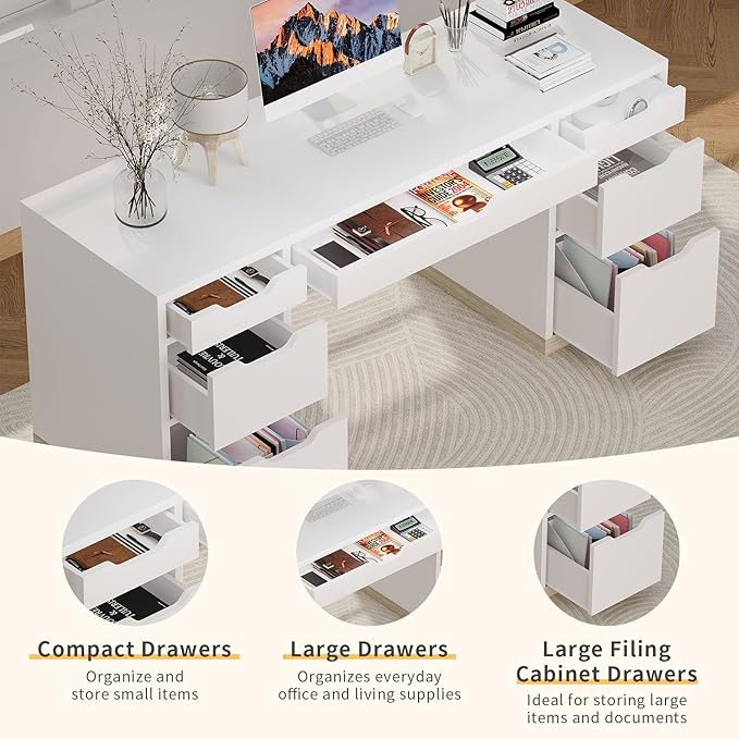 MaverickFurni White Desk with 7 Drawers, 54 Inch Executive Desk with Drawers for Bedroom, Home Office Desk with Drawers for Work Writing Study, Small Spaces