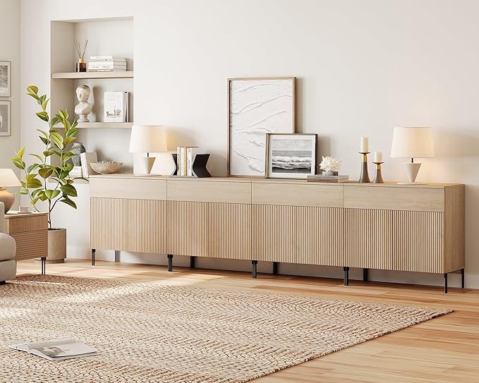 WAMPAT 126" W Large Sideboard Buffet Cabinet with Storage,4 in 1 Fluted Sideboard Buffet with 8 Doors, Wooden Buffet Table, Coffee Bar Wine Bar Cabinet for Kitchen, Dining Room, Living Room, Beige
