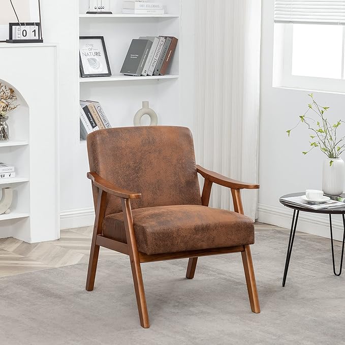 Furnimart Accent Chairs Set of 2, Mid-Century Modern Chair Reading Chairs with Extra-Thick Backrest, Wooden Armchairs for Living Room, Bedroom, Waiting Room, Brown Fabric