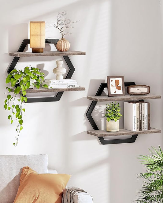CHOEZON Hexagon Floating Shelves for Wall, Set of 2, 2 -Tier Hanging Shelves, Wall Mounted Storage Shelves, for Living Room, Bedroom, Kitchen, Home Office, Study, Greige TBJ06P2BG
