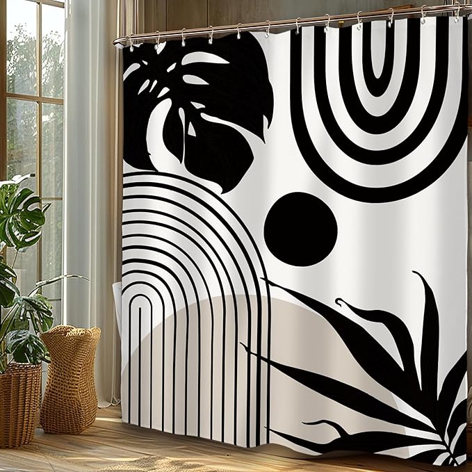 Miyotaa Minimalist Abstract Mid Century Shower Curtain Set 60Wx71H Inches Neutral Modern Geometric Aesthetic Contemporary Plant Polyester Waterproof Cloth Bathroom Curtain with 12 Hooks