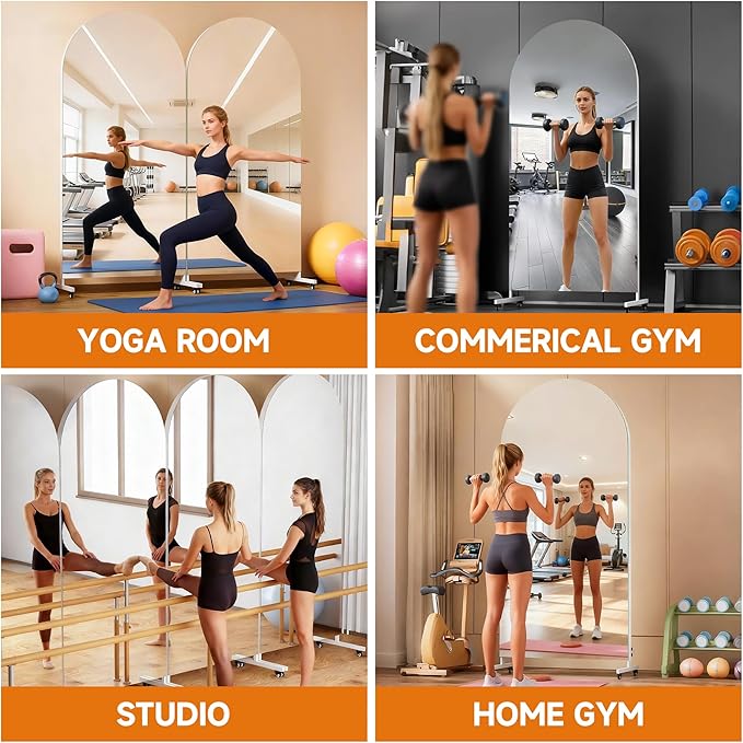 Hasipu 79" x 40" Arched Rolling Home Gym Mirror with Wheels, 360° Swivel Body Mirror with HD Tempered Glass, Large Floor Mirror for Yoga Room, Dance Studio, Bedroom & Home Gym